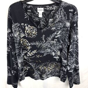 Chico's Black Floral Long Sleeve Women's Shirt Sz Chico's 3/XL